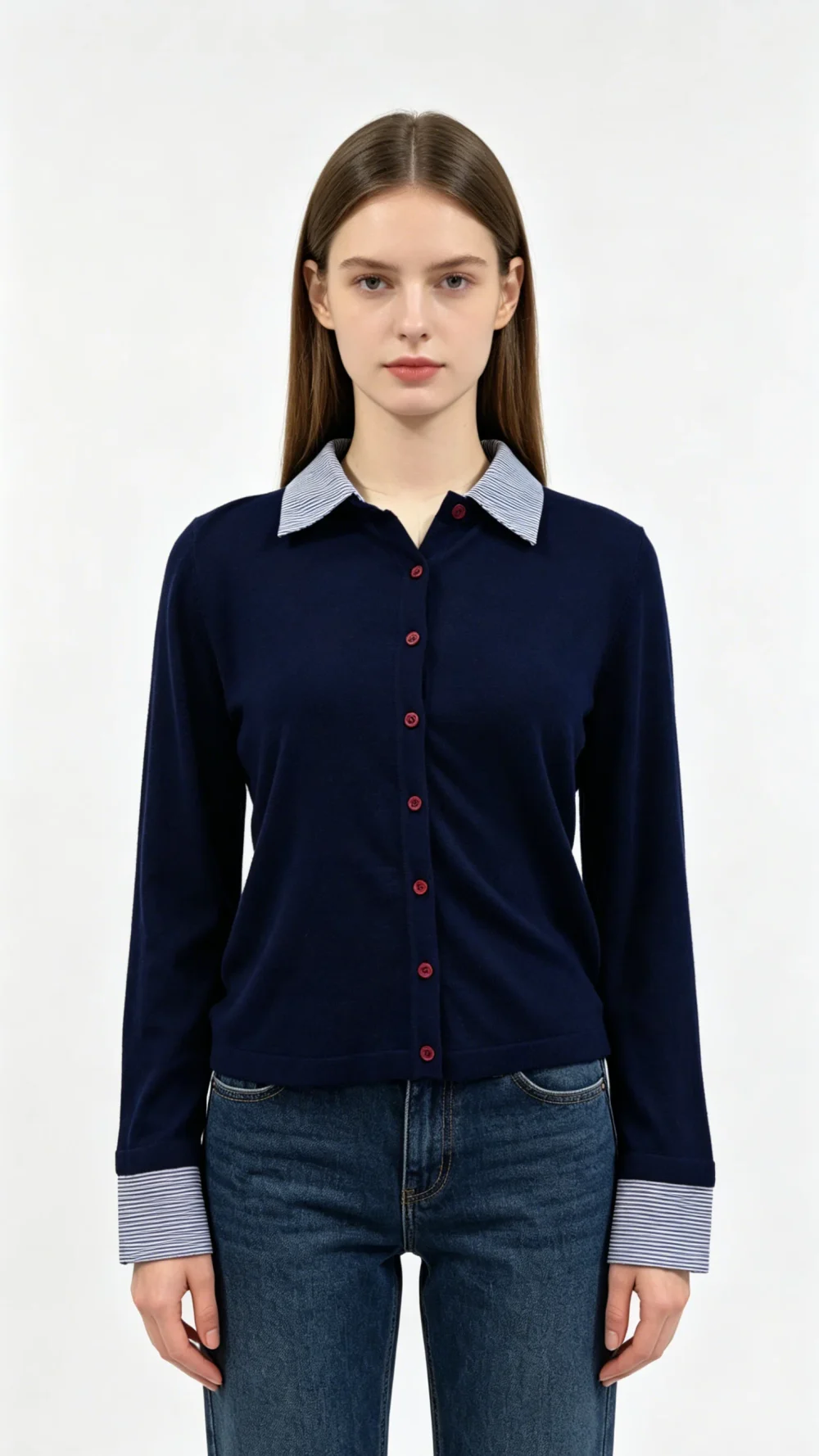 Navy Blue Knit Shirt with Striped Collar and Cuffs