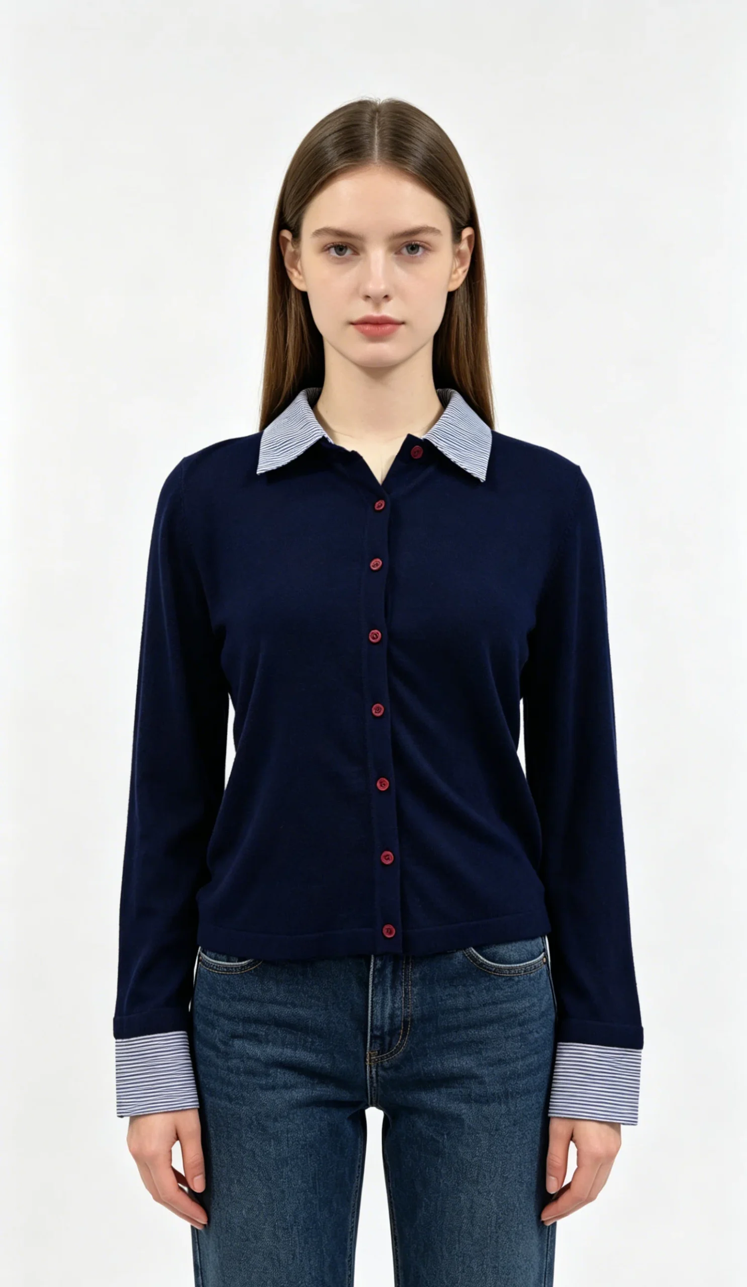 Navy Blue Knit Shirt with Striped Collar and Cuffs 1 Navy Blue Knit Shirt with Striped Collar and Cuffs
