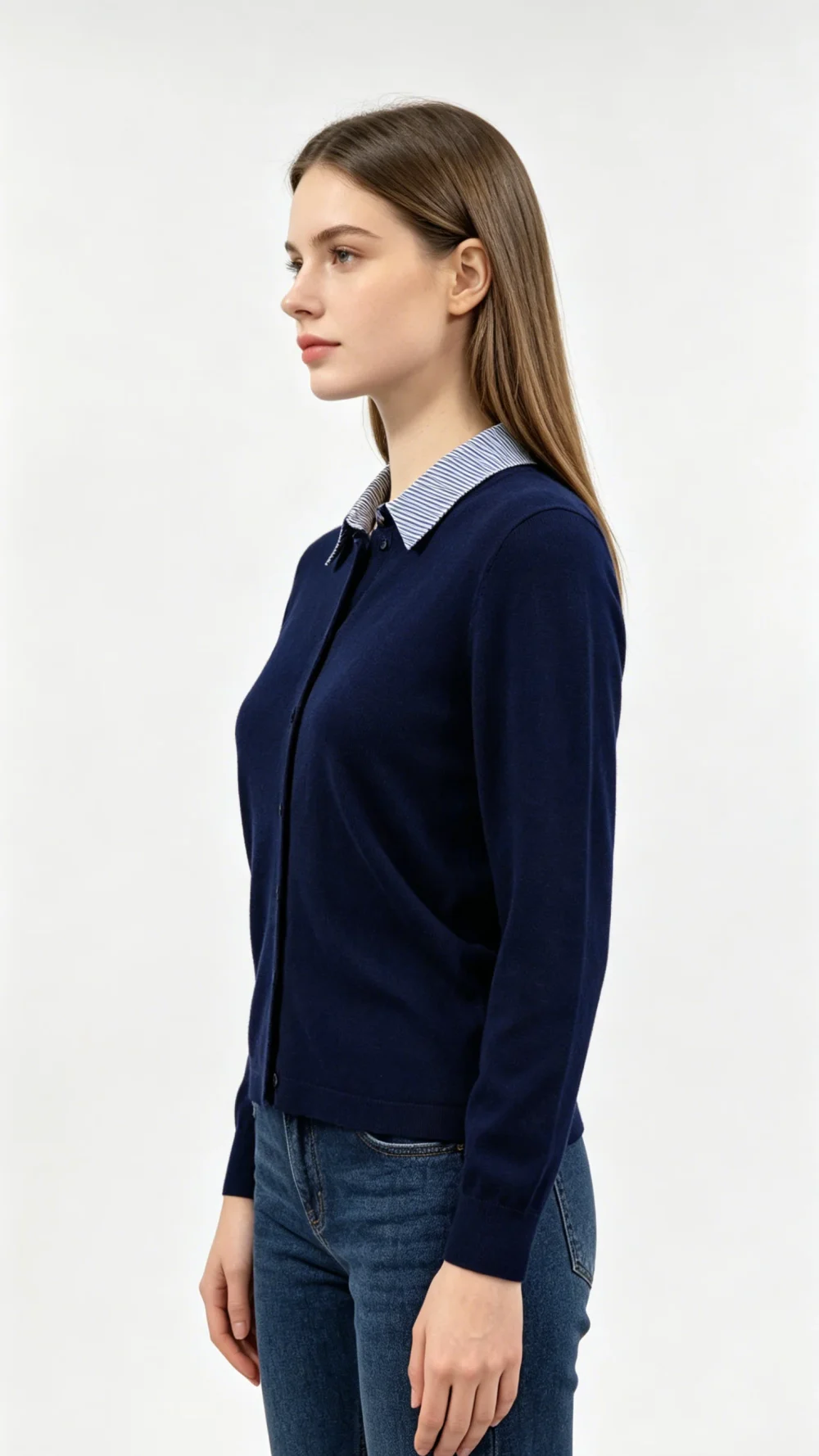 Navy Blue Knit Shirt with Striped Collar and Cuffs