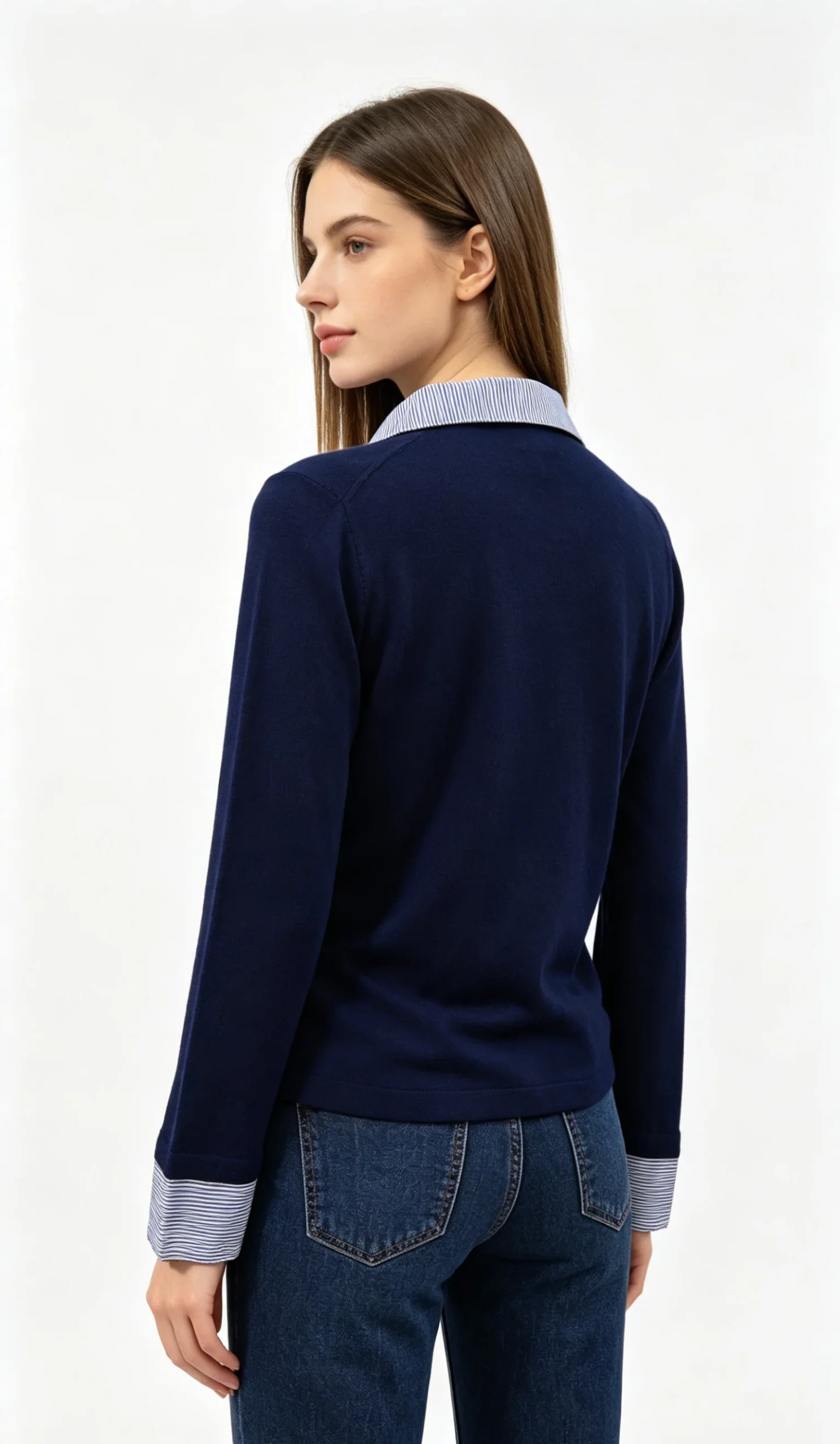 Navy Blue Knit Shirt with Striped Collar and Cuffs 3 Navy Blue Knit Shirt with Striped Collar and Cuffs - Image 3