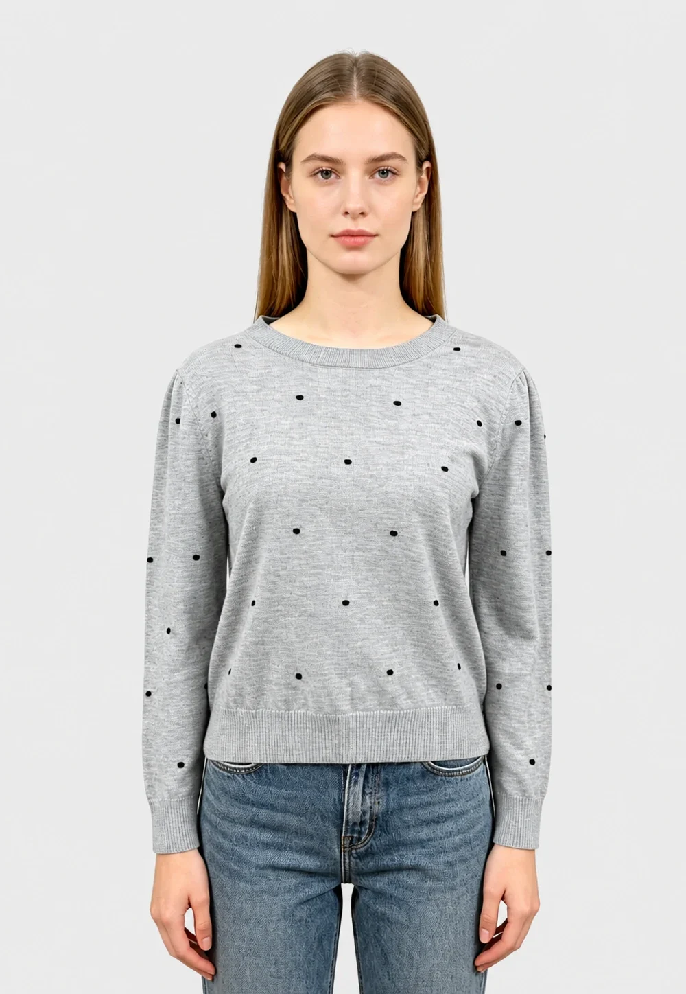Grey Polka Dot Crew Neck Knit Sweater