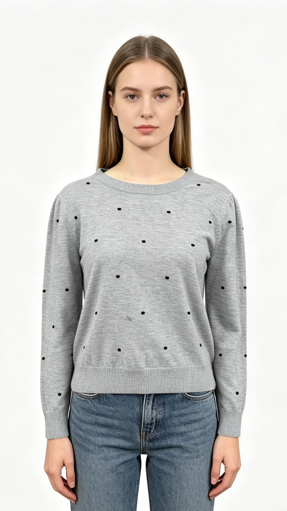Grey Polka Dot Crew Neck Knit Sweater