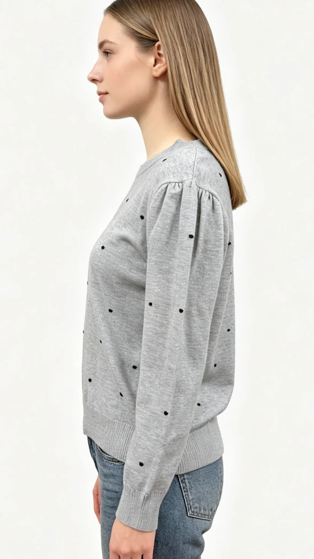 Grey Polka Dot Crew Neck Knit Sweater