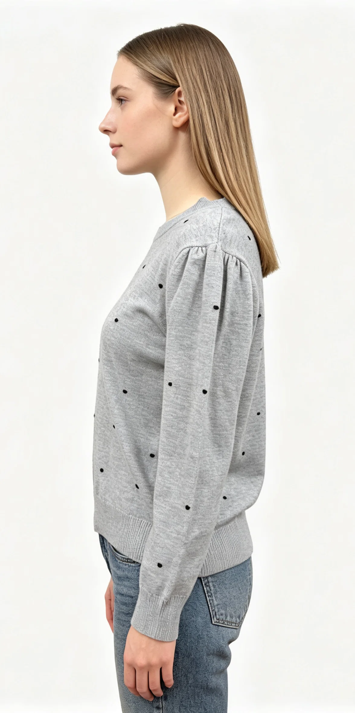Grey Polka Dot Crew Neck Knit Sweater 2 Grey Polka Dot Crew Neck Knit Sweater - Image 2