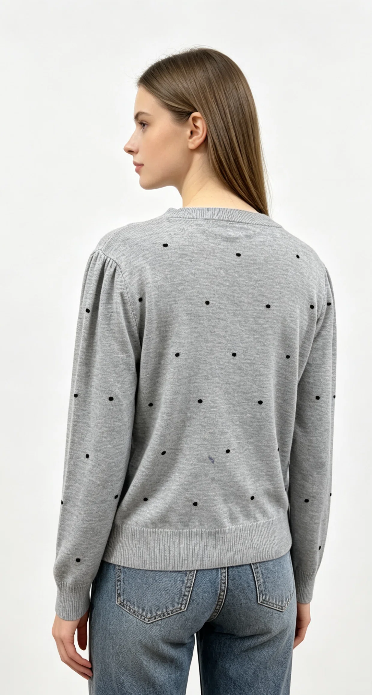 Grey Polka Dot Crew Neck Knit Sweater 3 Grey Polka Dot Crew Neck Knit Sweater - Image 3