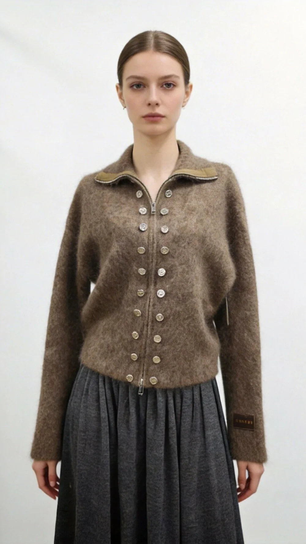 Mohair Cashmere Blend Double-breasted Zip-up Knit Jacket