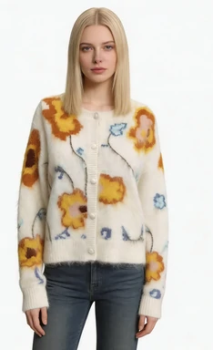 Luxury Alpaca Wool Floral Fuzzy Cardigan