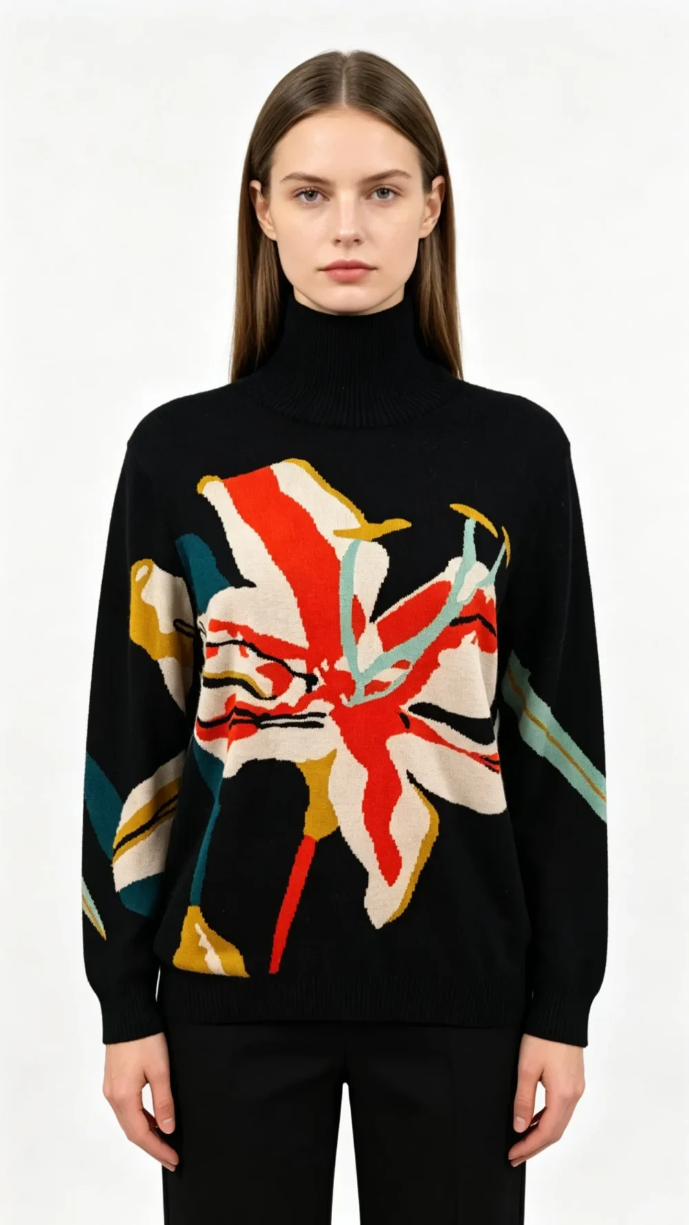 Black Turtleneck Floral Knit Sweater