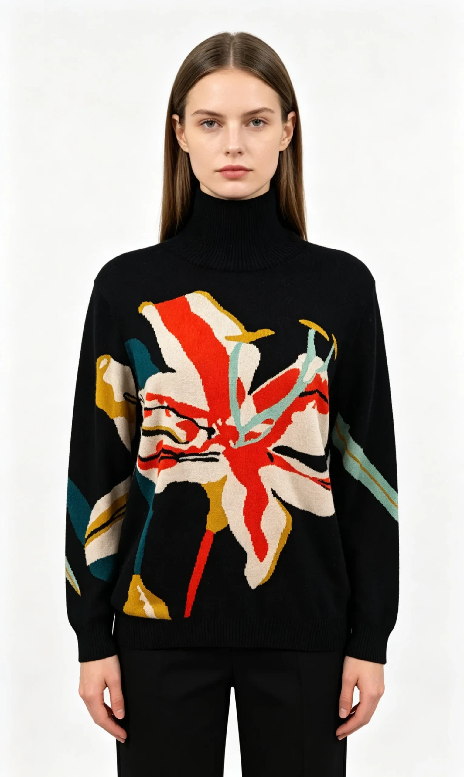 Black Turtleneck Floral Knit Sweater 1 Black Turtleneck Floral Knit Sweater