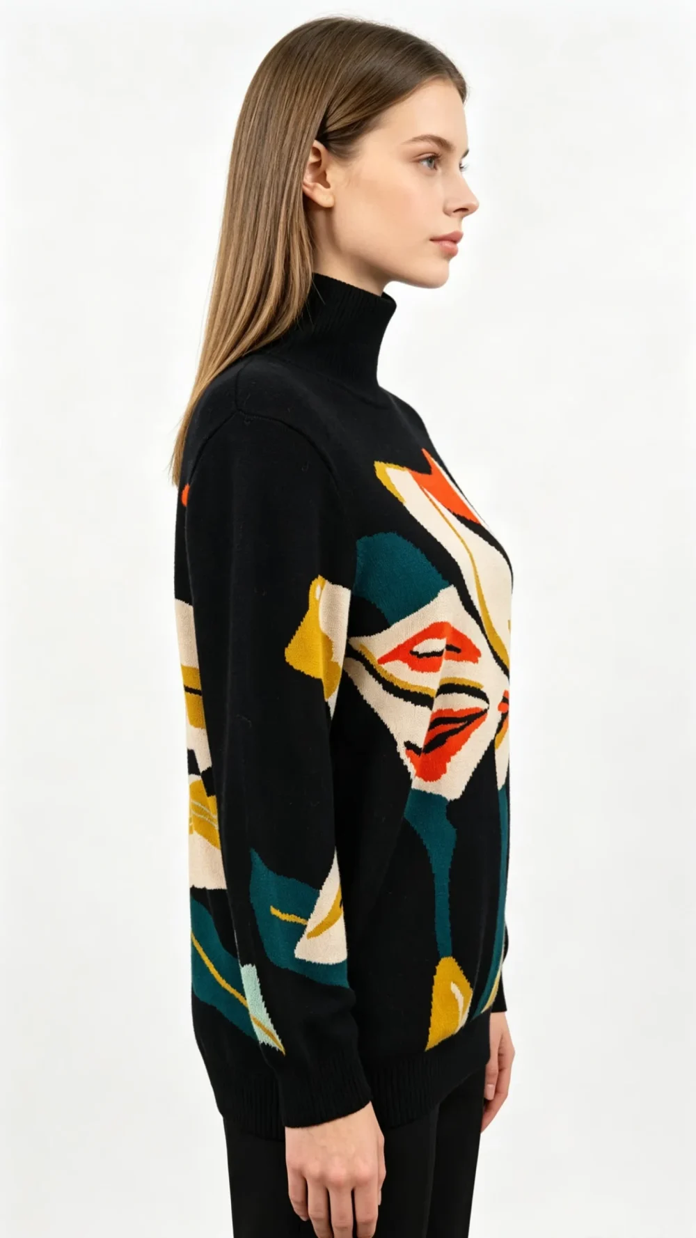 Black Turtleneck Floral Knit Sweater (2)