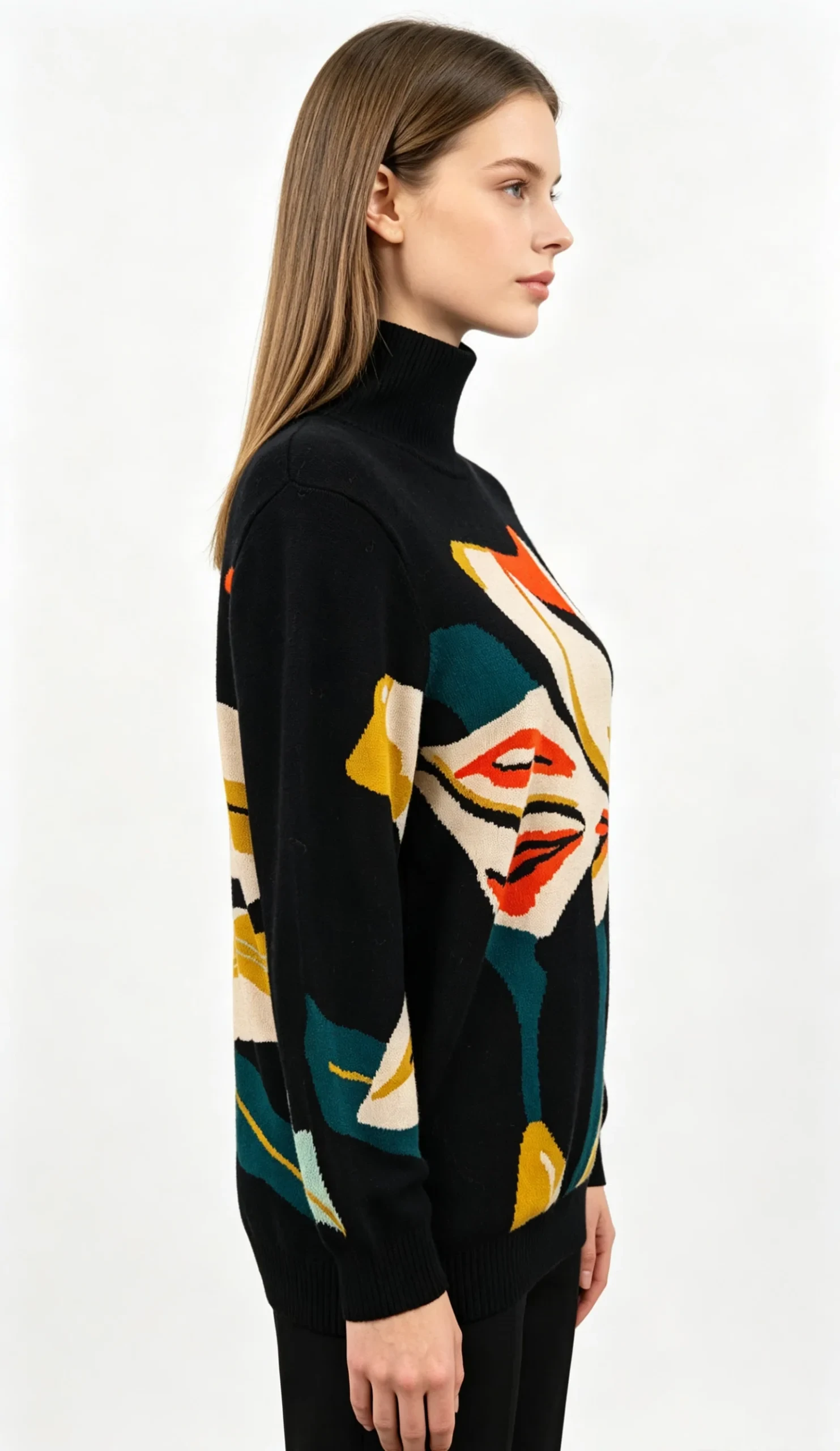 Black Turtleneck Floral Knit Sweater 2 Black Turtleneck Floral Knit Sweater - Image 2