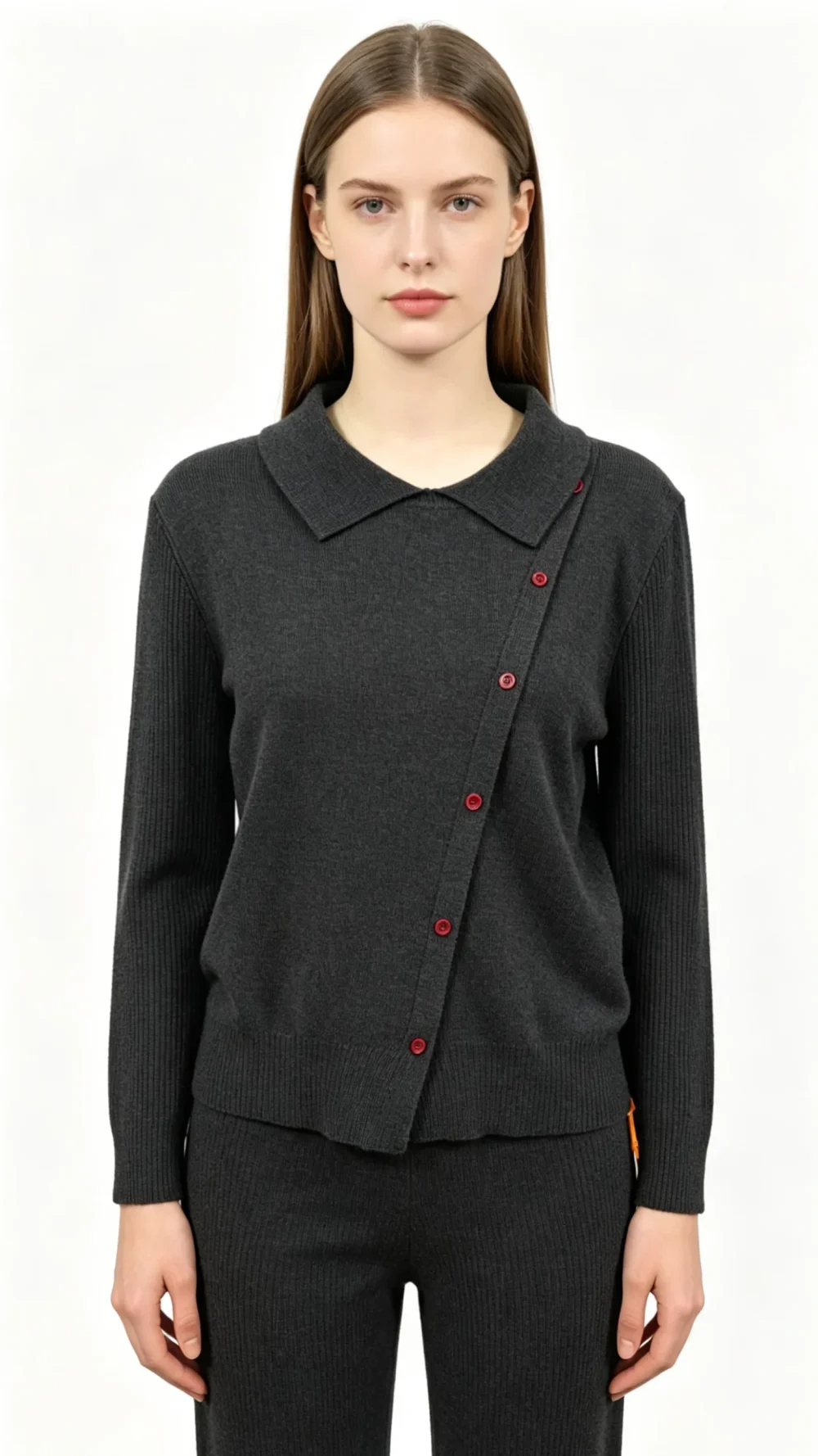 Dark Grey Knit Top with Asymmetric Red Buttons