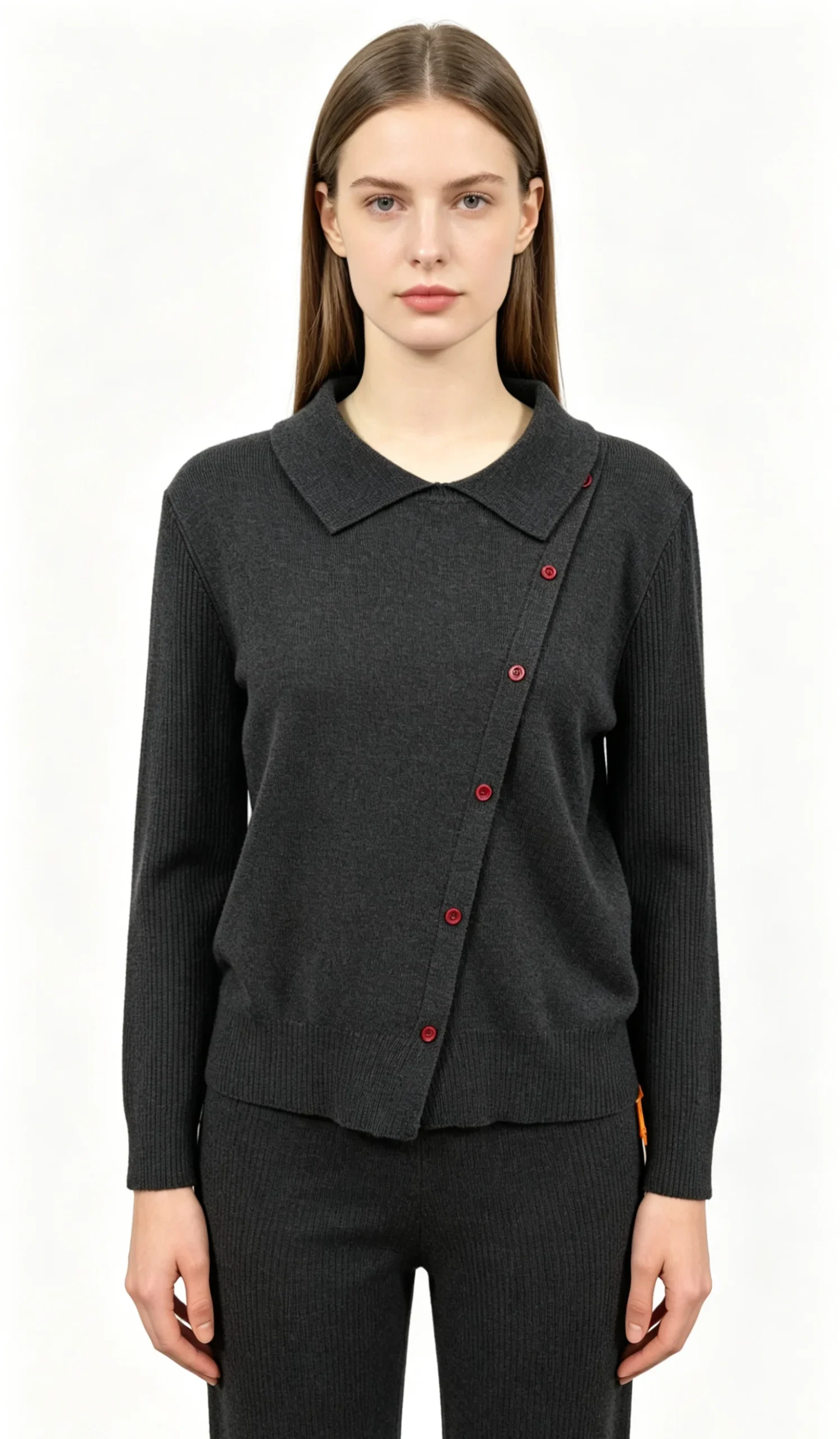 Dark Grey Knit Top with Asymmetric Red Buttons 1 Dark Grey Knit Top with Asymmetric Red Buttons