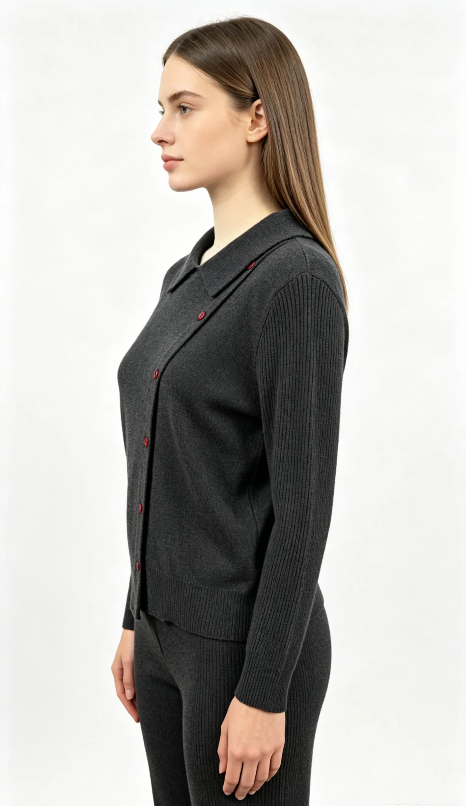 Dark Grey Knit Top with Asymmetric Red Buttons 3 Dark Grey Knit Top with Asymmetric Red Buttons - Image 3