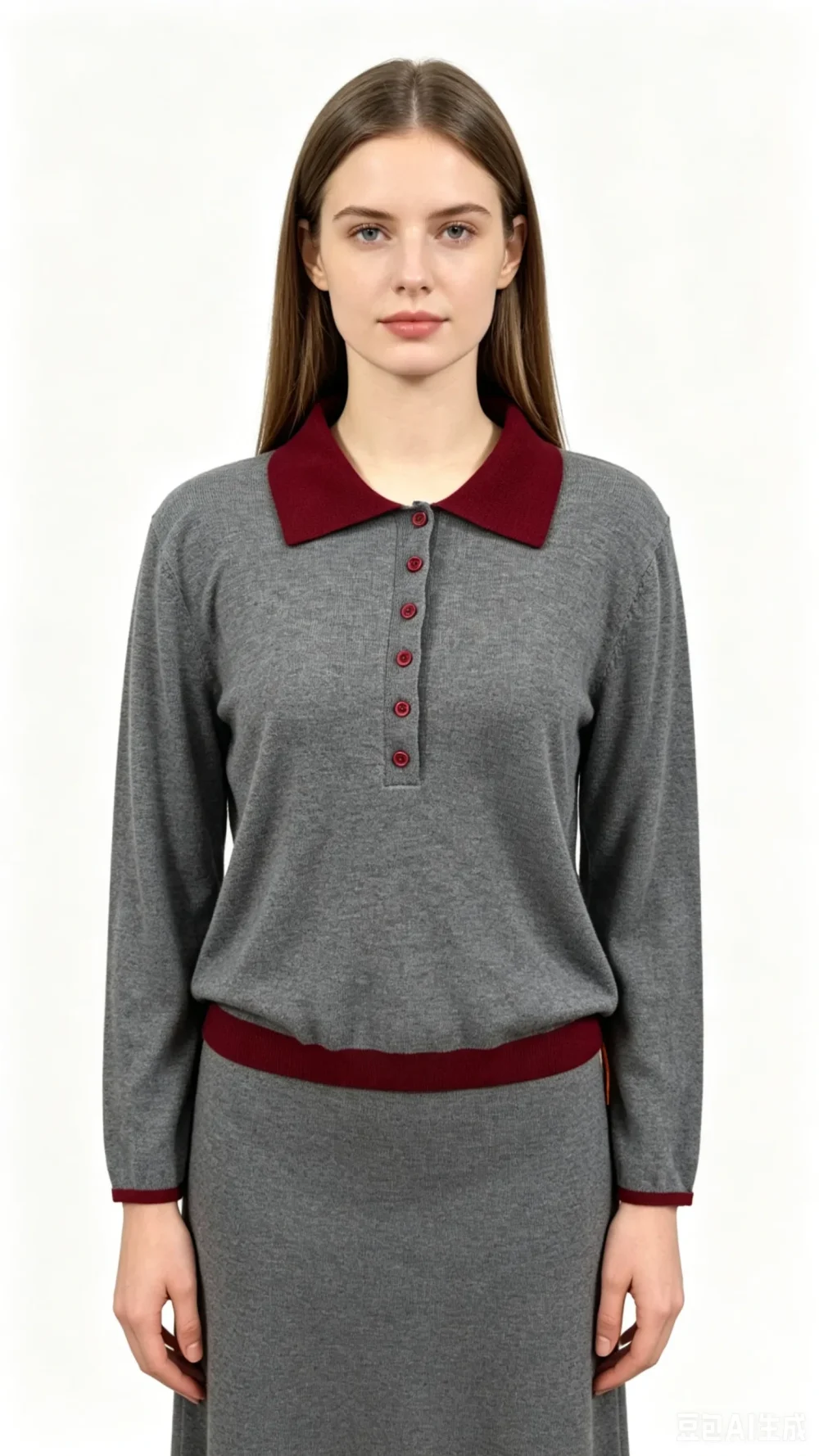 Grey Knit Polo Set with Red Collar and Trim