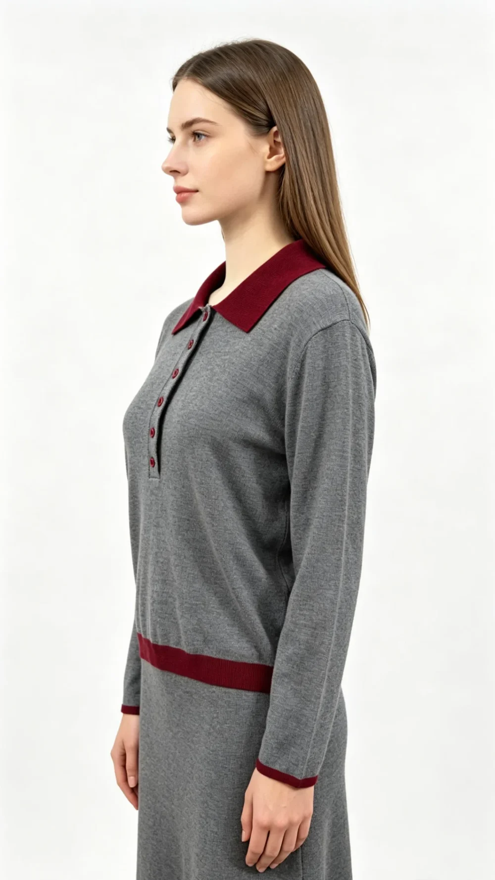 Grey Knit Polo Set with Red Collar and Trim (2)