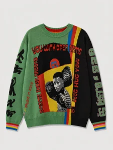 How Jacquard Knitwear Adds Value to Fashion Collections 4 Retro Portrait Slogan Color Block Jacquard Knit Pullover