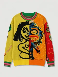 How Jacquard Knitwear Adds Value to Fashion Collections 2 Split Abstract Graffiti Face Art Jacquard Knit Pullover
