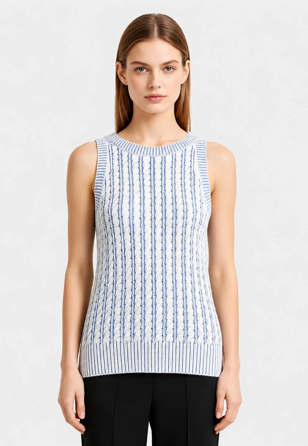 Blue and Ivory Cable Knit Sleeveless Vest
