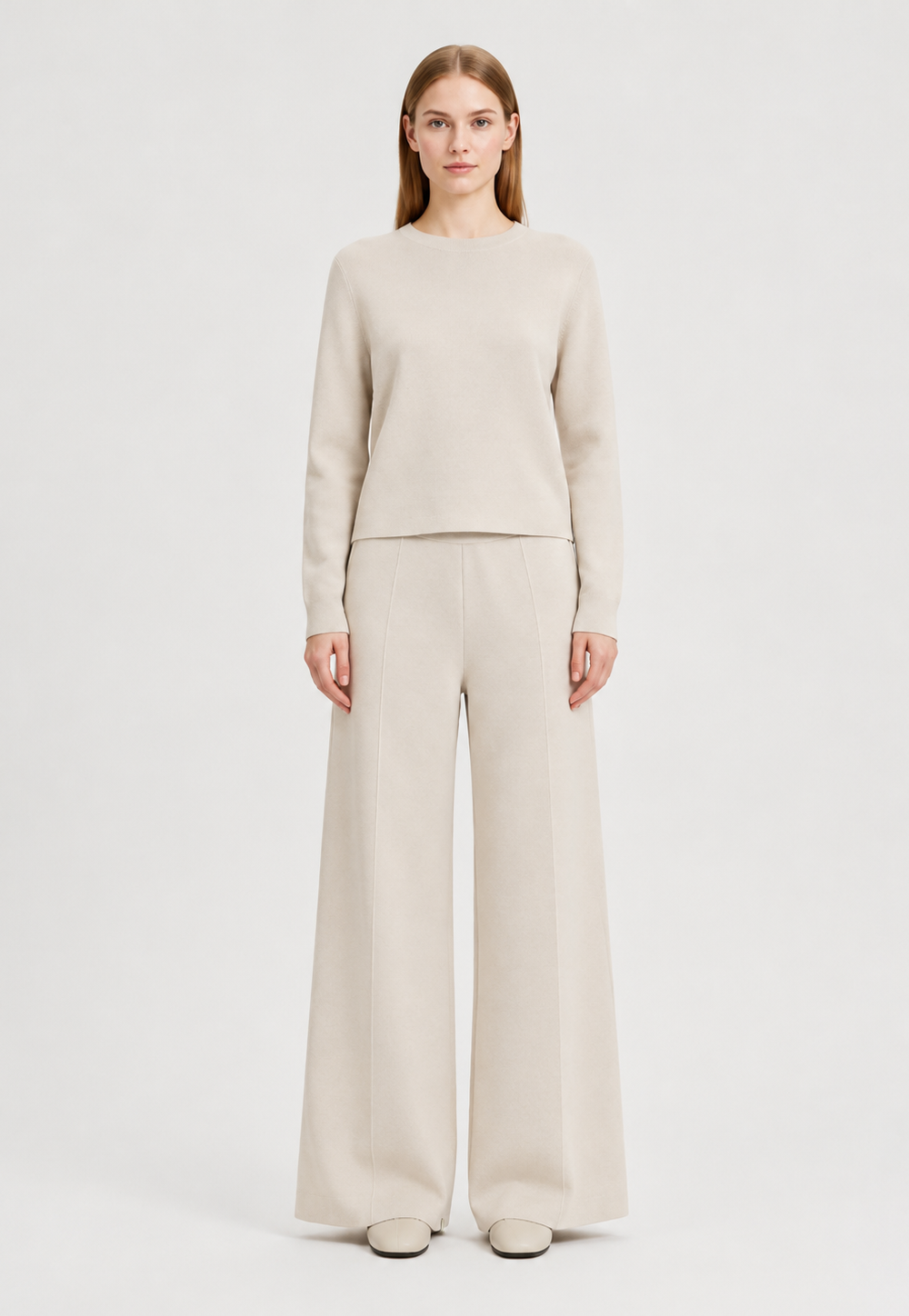 Beige Knit Wide-Leg Pants