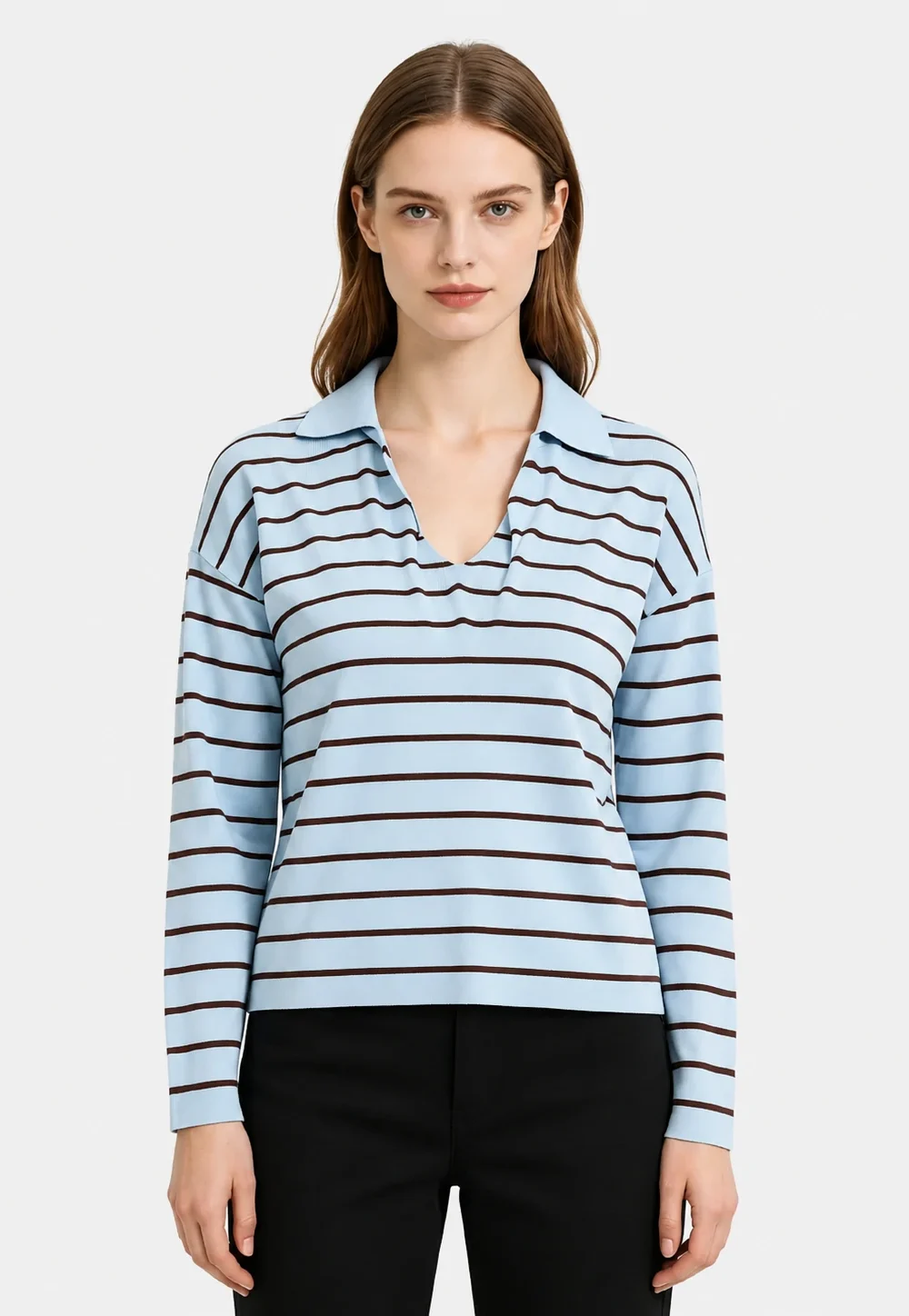 Light Blue Striped Polo Knit Sweater