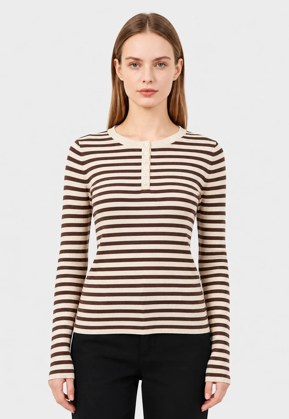 Brown Striped Button Henley Knit Top