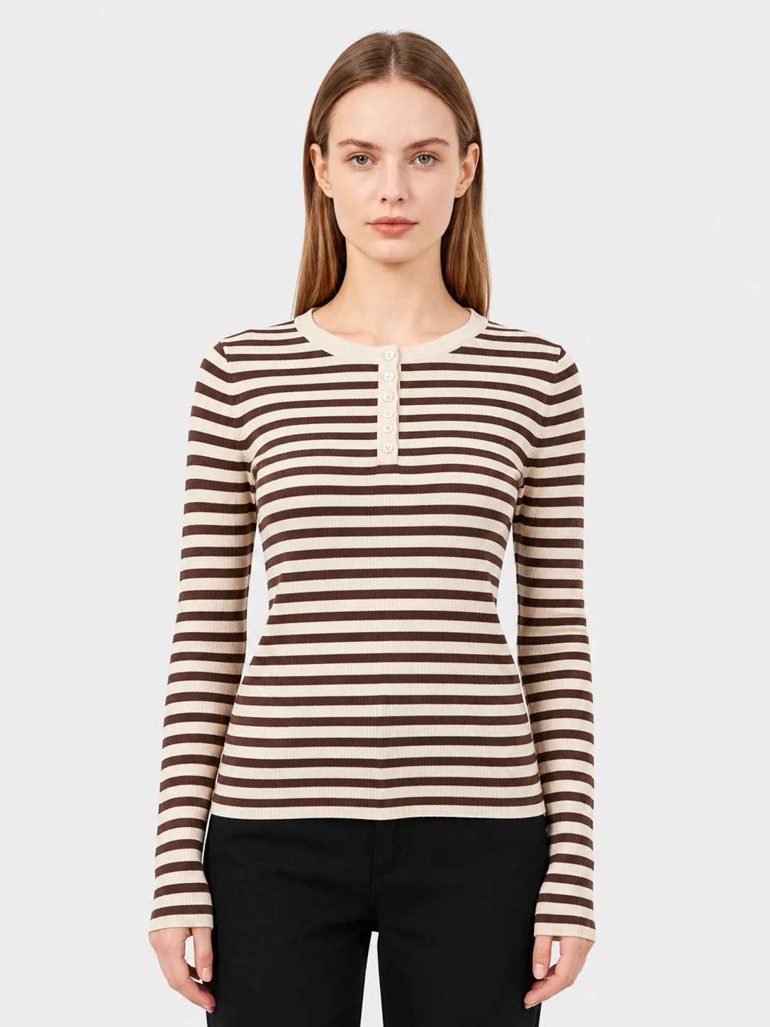 Brown Striped Button Henley Knit Top 1 Brown Striped Button Henley Knit Top