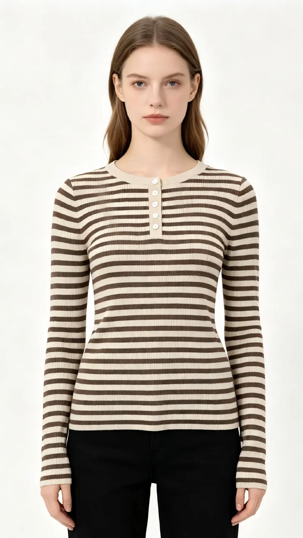 Brown Striped Button Henley Knit Top
