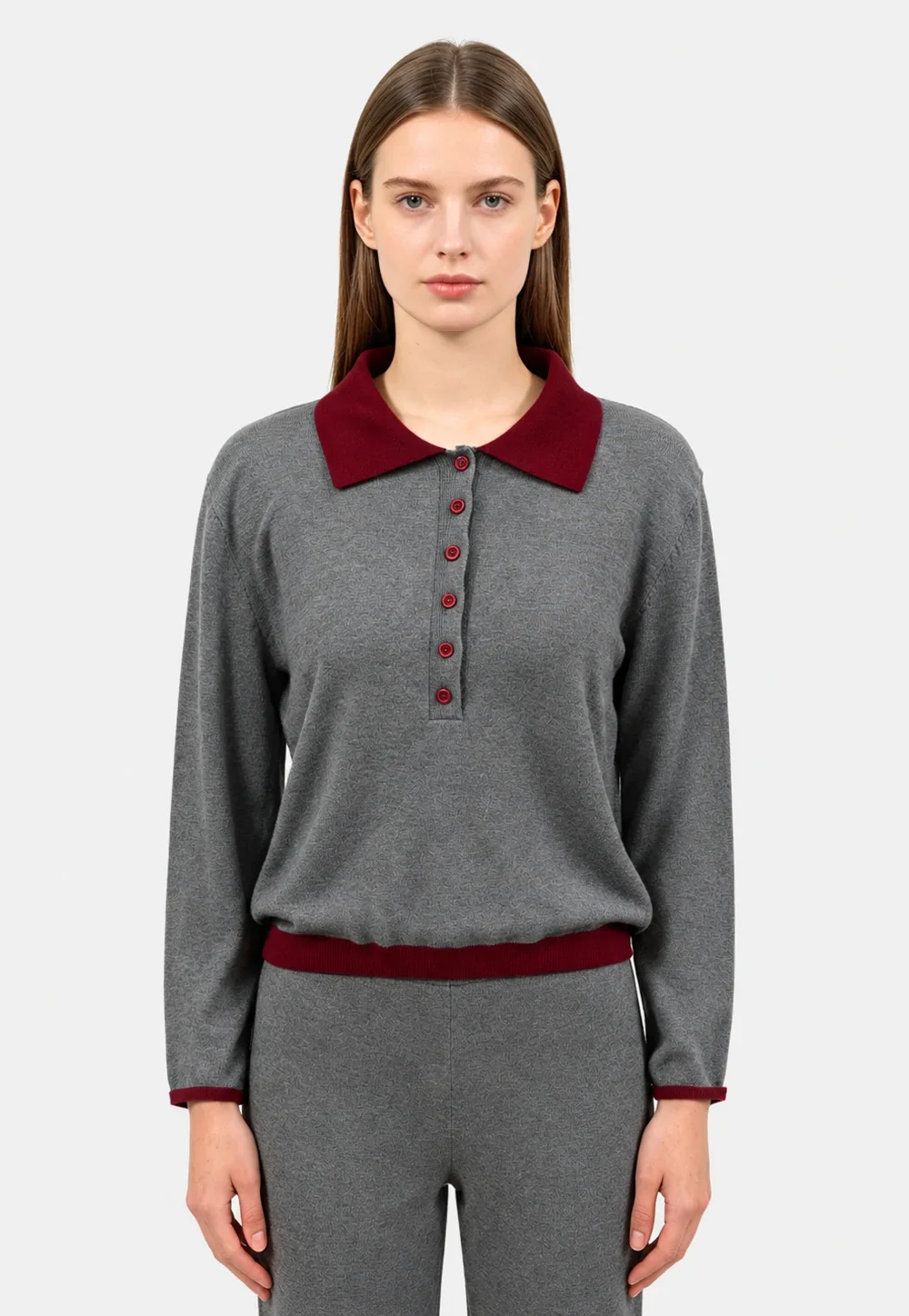 Grey Knit Polo Set with Red Collar and Trim