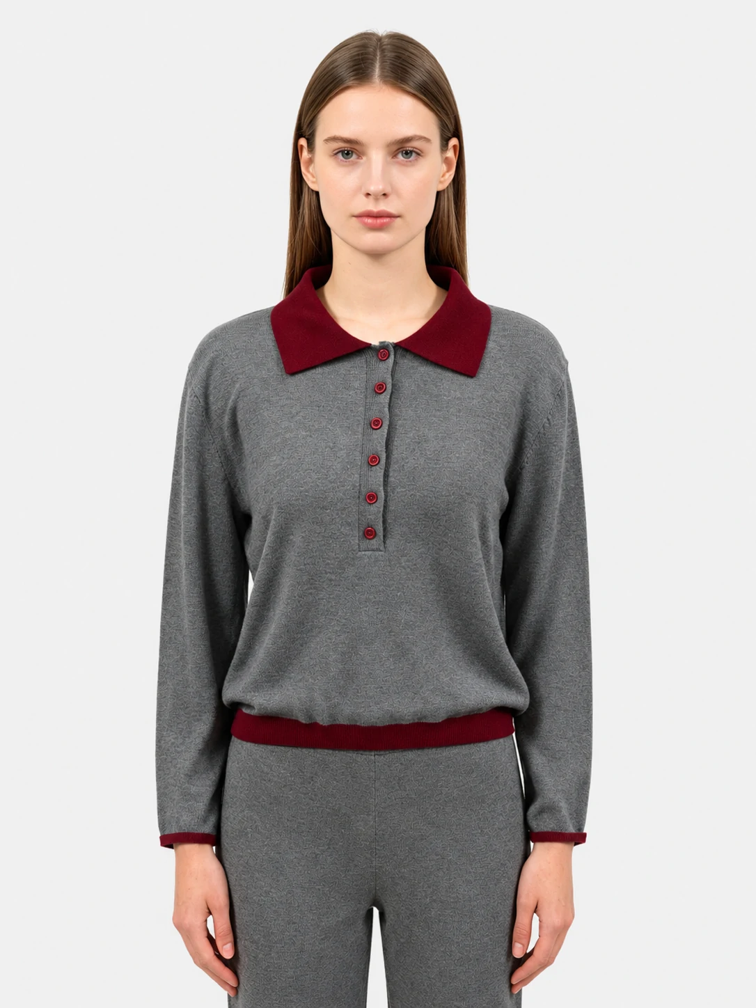 Grey Knit Polo Set with Red Collar and Trim 1 Grey Knit Polo Set with Red Collar and Trim