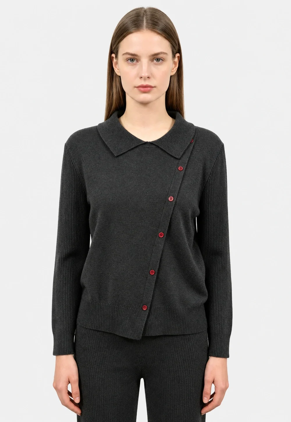 Dark Grey Knit Top with Asymmetric Red Buttons