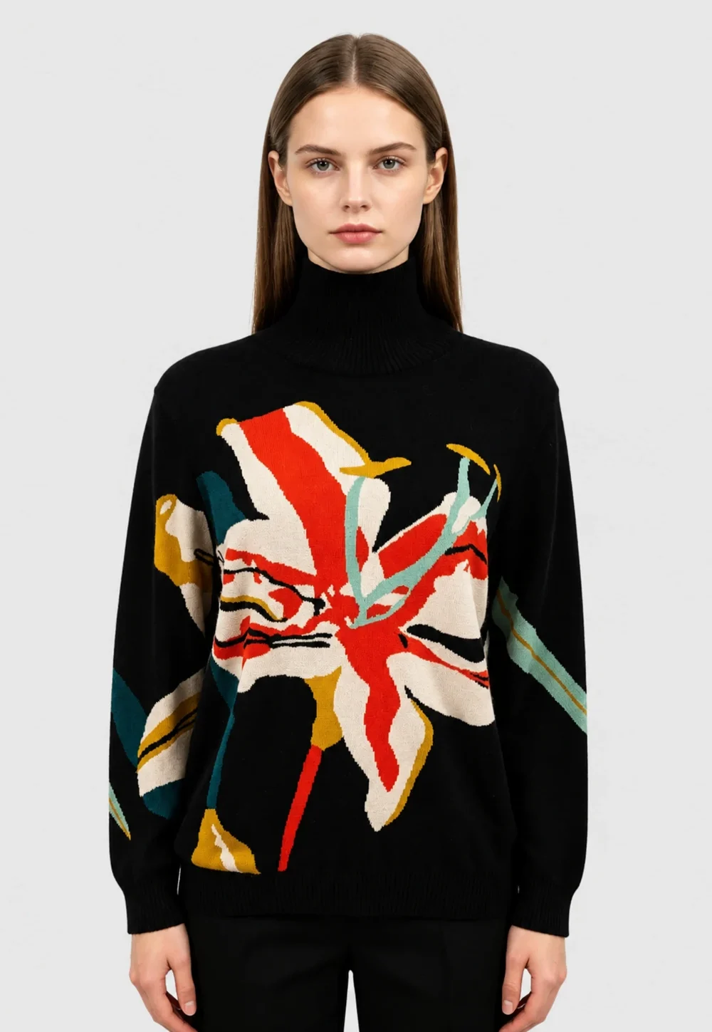 Black Turtleneck Floral Knit Sweater