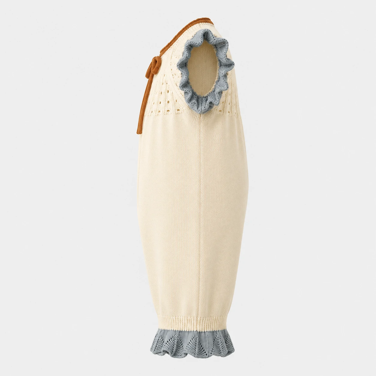 Baby Cream Knit Romper with Blue Ruffle Trim 2 Baby Cream Knit Romper with Blue Ruffle Trim - Image 2