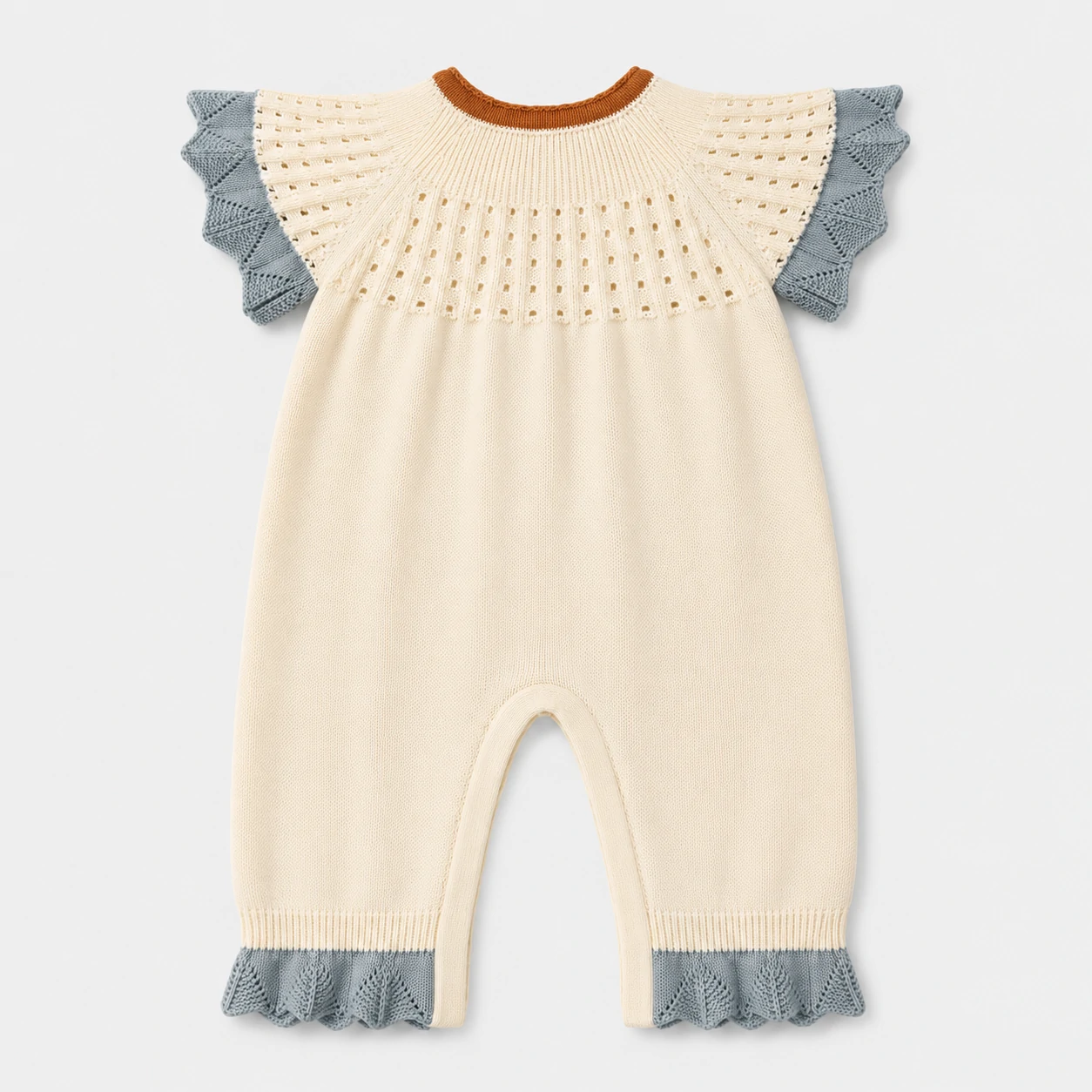 Baby Cream Knit Romper with Blue Ruffle Trim 3 Baby Cream Knit Romper with Blue Ruffle Trim - Image 3