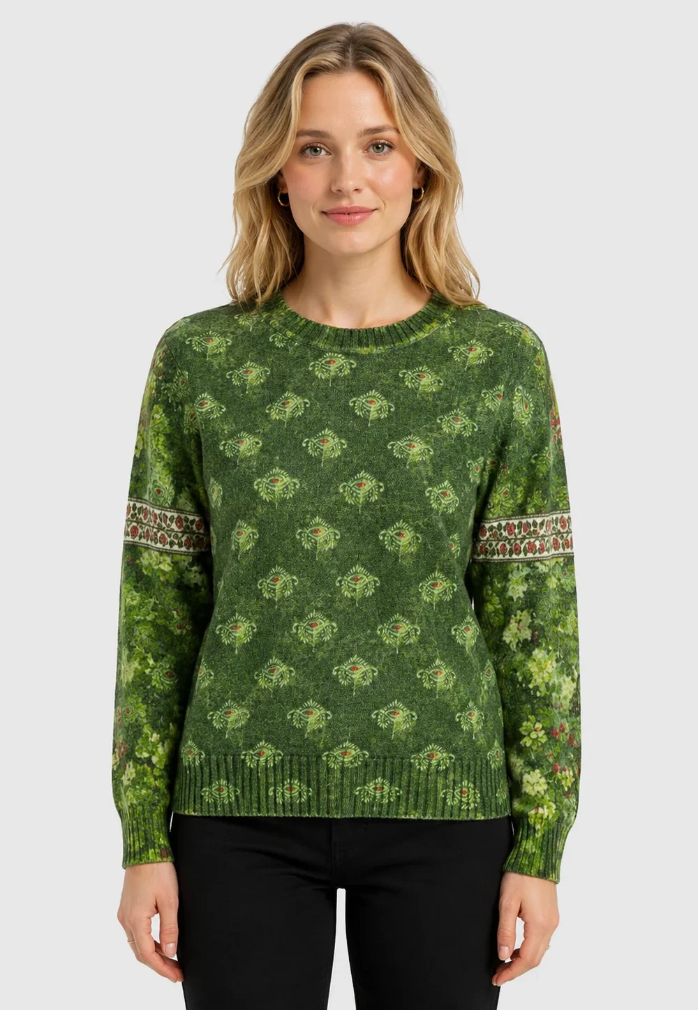 Women’s Green Printed Crewneck Pullover Sweater