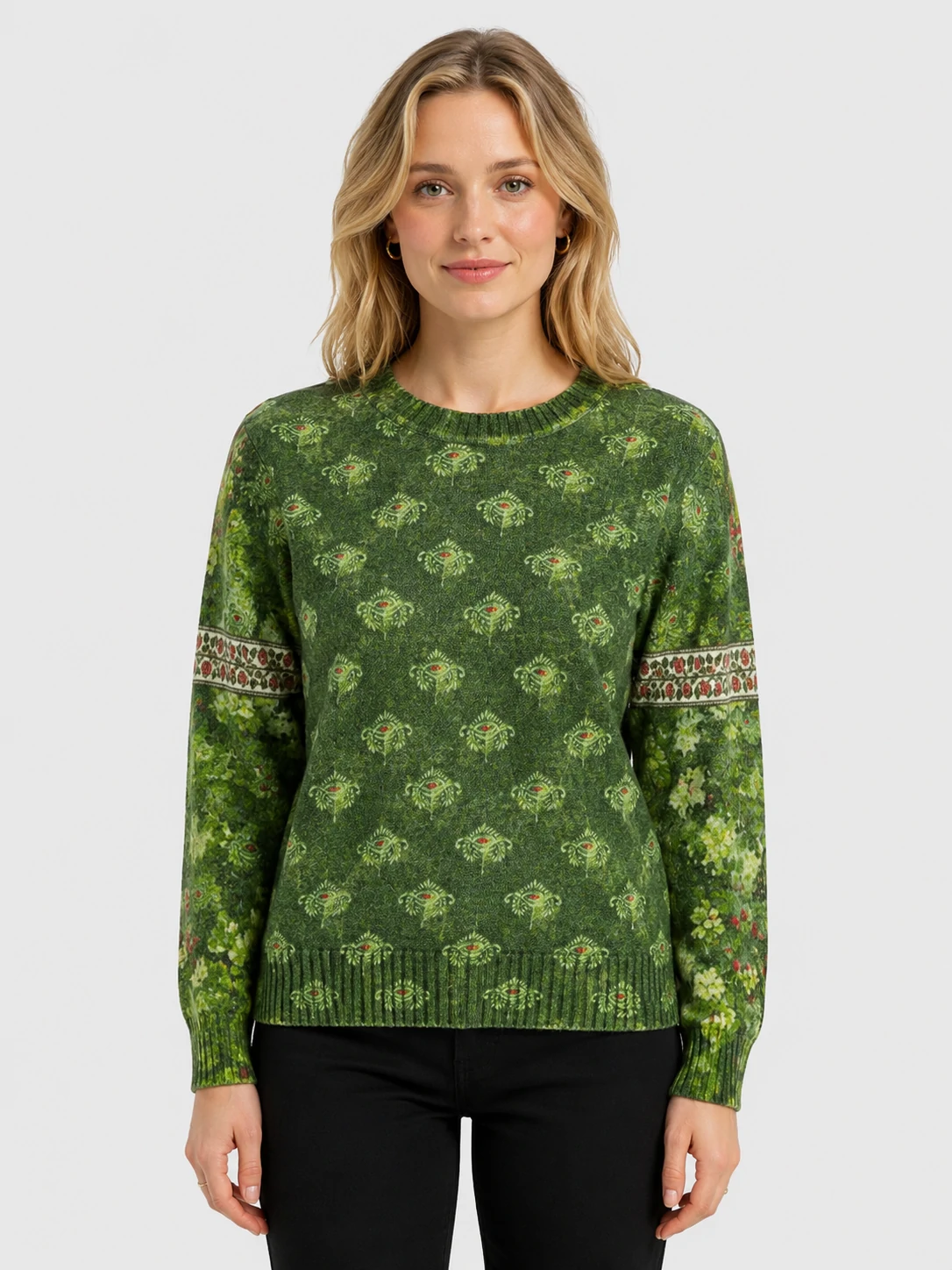 Women’s Green Printed Crewneck Pullover Sweater 1 Women’s Green Printed Crewneck Pullover Sweater