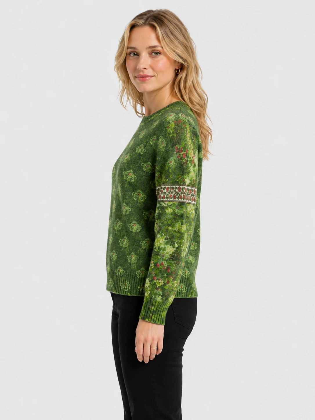Women’s Green Printed Crewneck Pullover Sweater 3 Women’s Green Printed Crewneck Pullover Sweater - Image 3