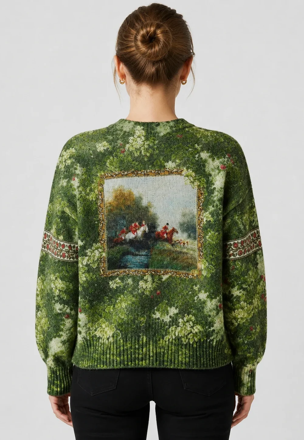 Women’s Green Printed Crewneck Pullover Sweater
