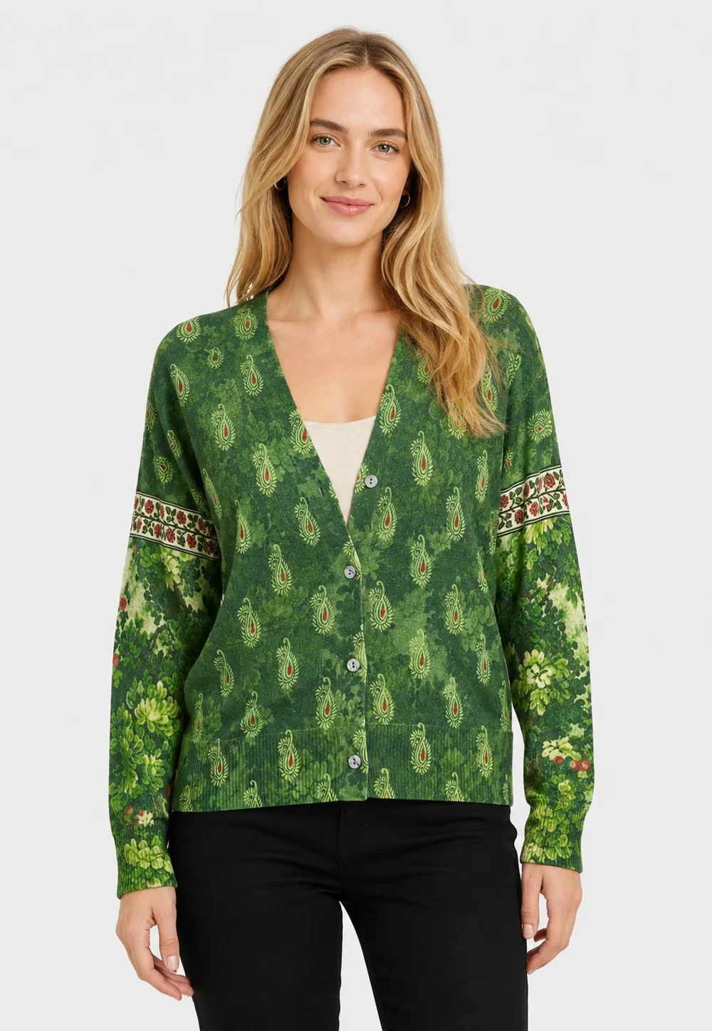 Women’s Green Printed V-Neck Button Cardigan