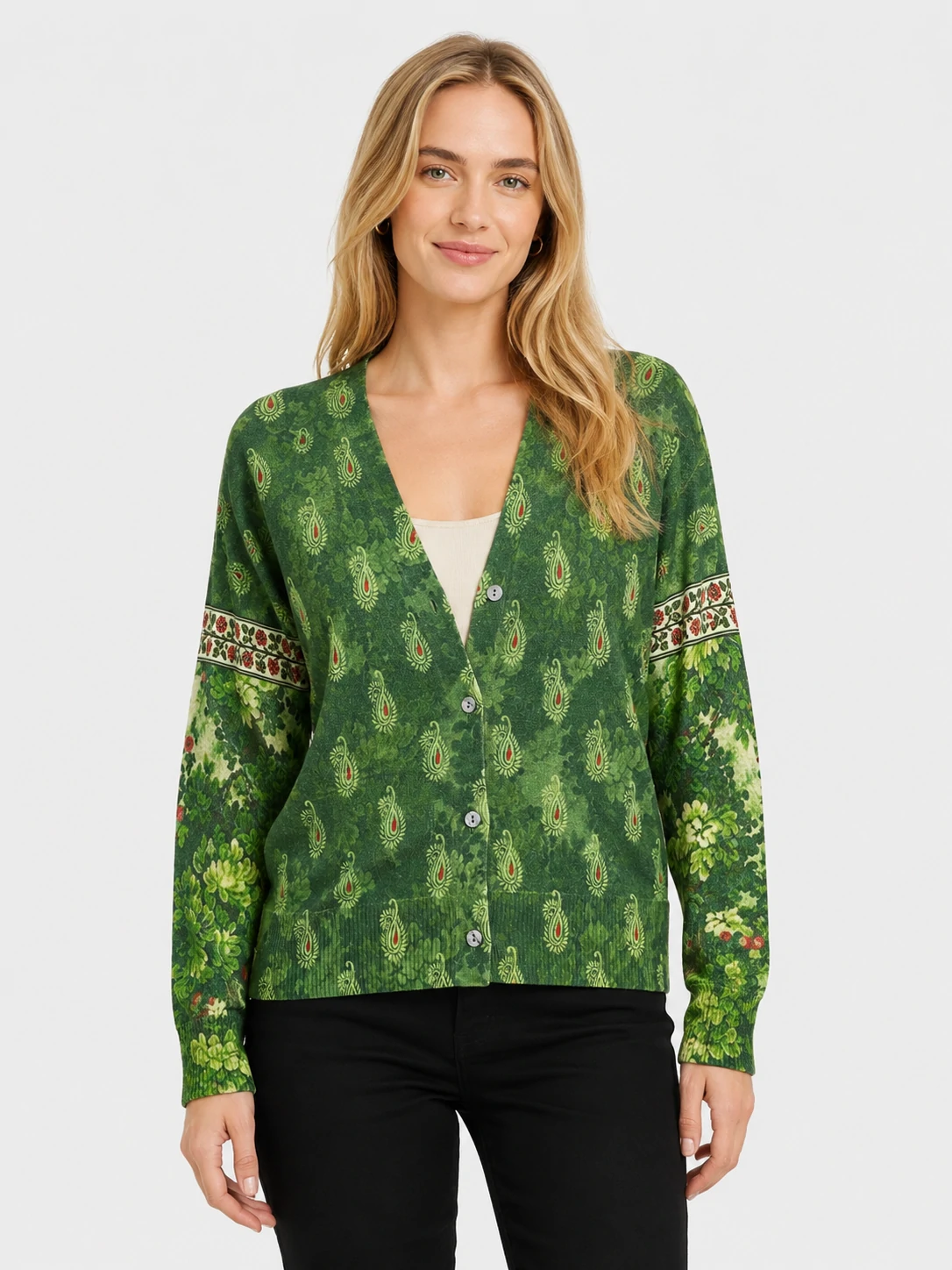 Women’s Green Printed V-Neck Button Cardigan 1 Women’s Green Printed V-Neck Button Cardigan