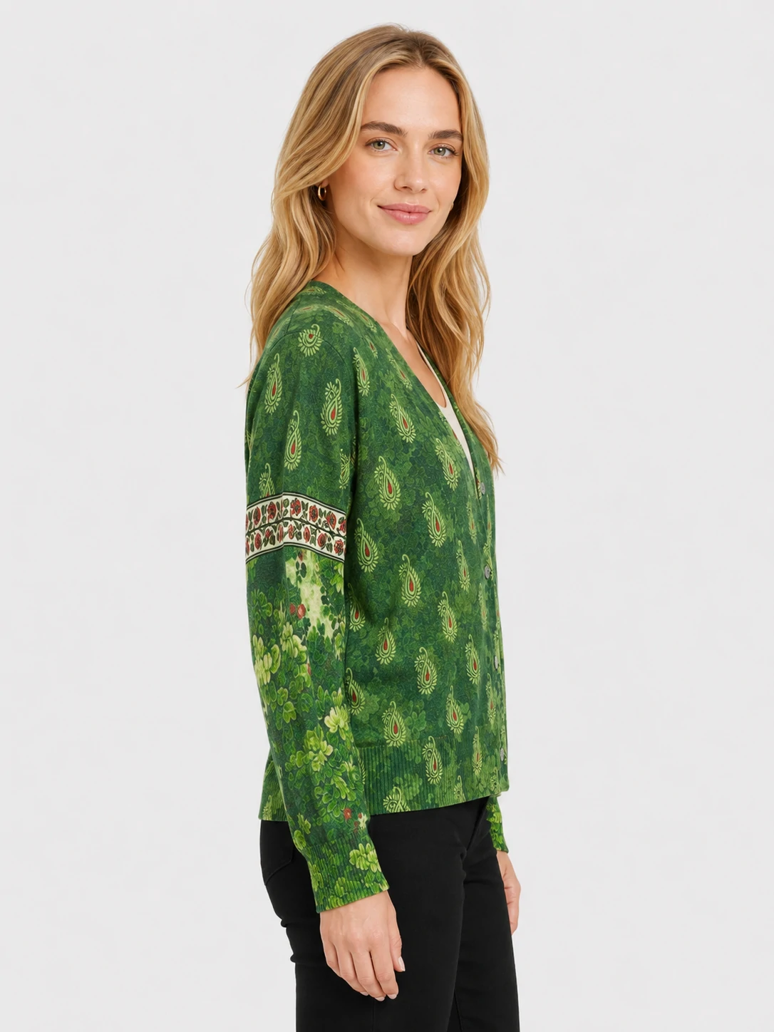 Women’s Green Printed V-Neck Button Cardigan 3 Women’s Green Printed V-Neck Button Cardigan - Image 3