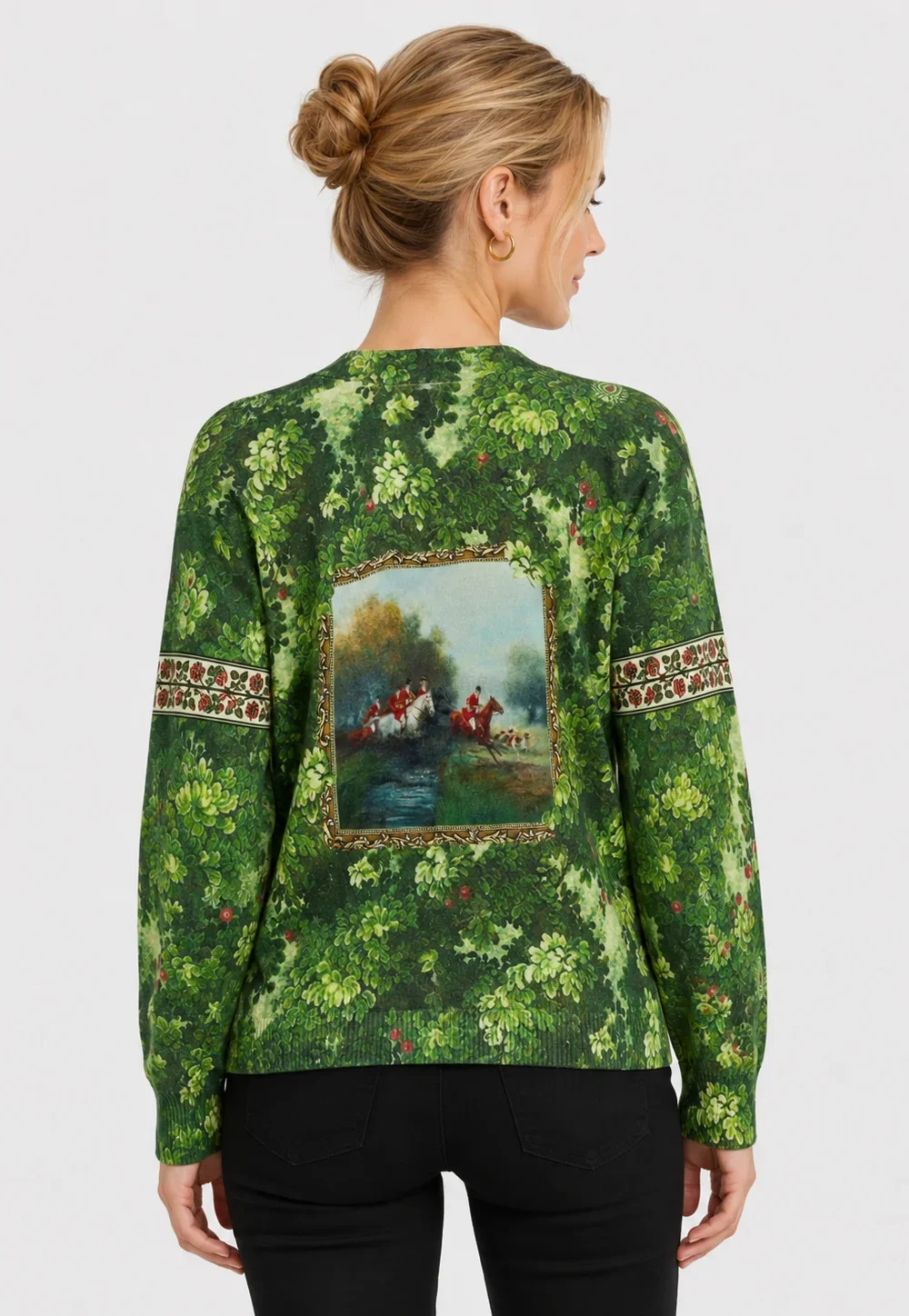 Women’s Green Printed V-Neck Button Cardigan