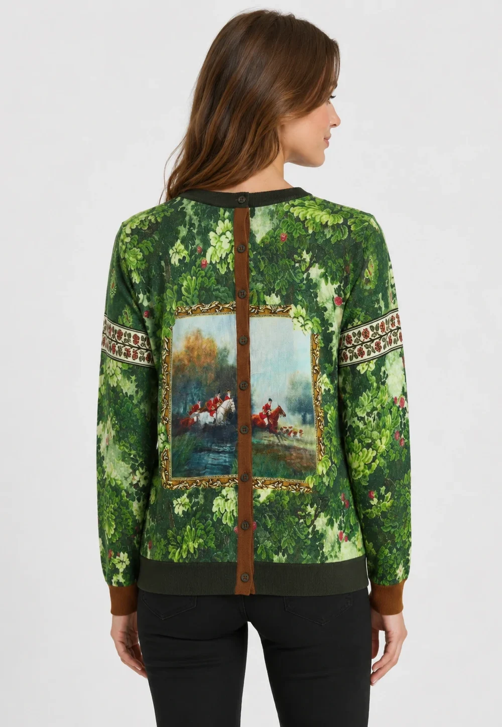 Women’s Vintage Hunting Scene Printed Knit Cardigan