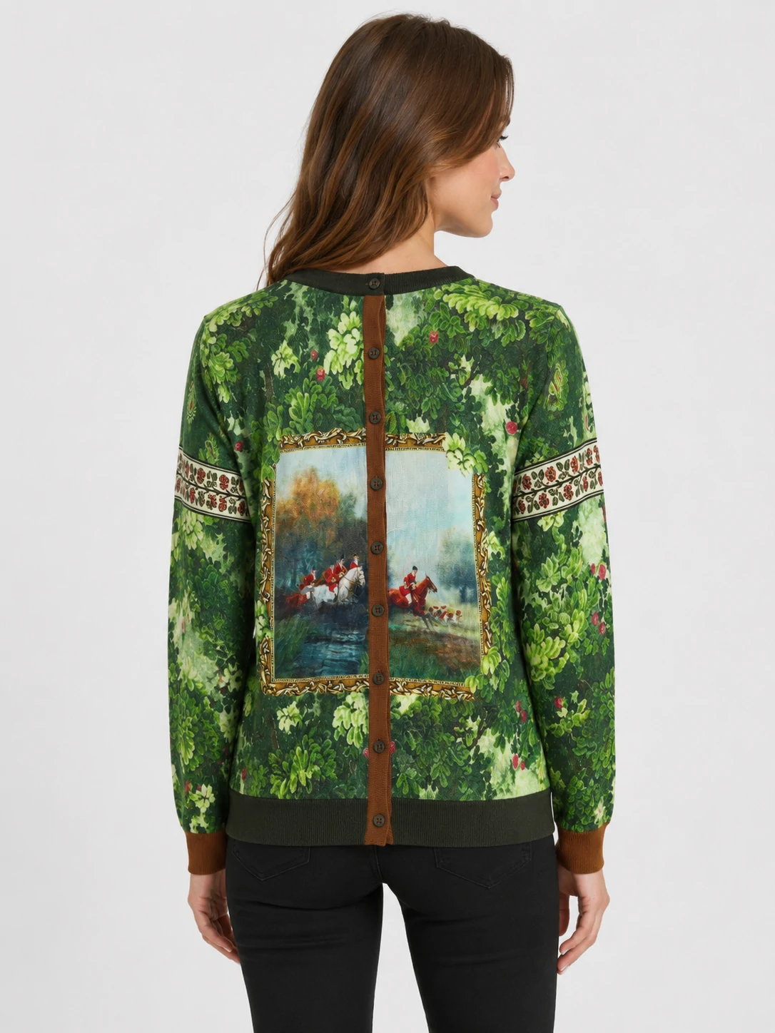 Women’s Vintage Hunting Scene Printed Knit Cardigan 2 Women’s Vintage Hunting Scene Printed Knit Cardigan - Image 2