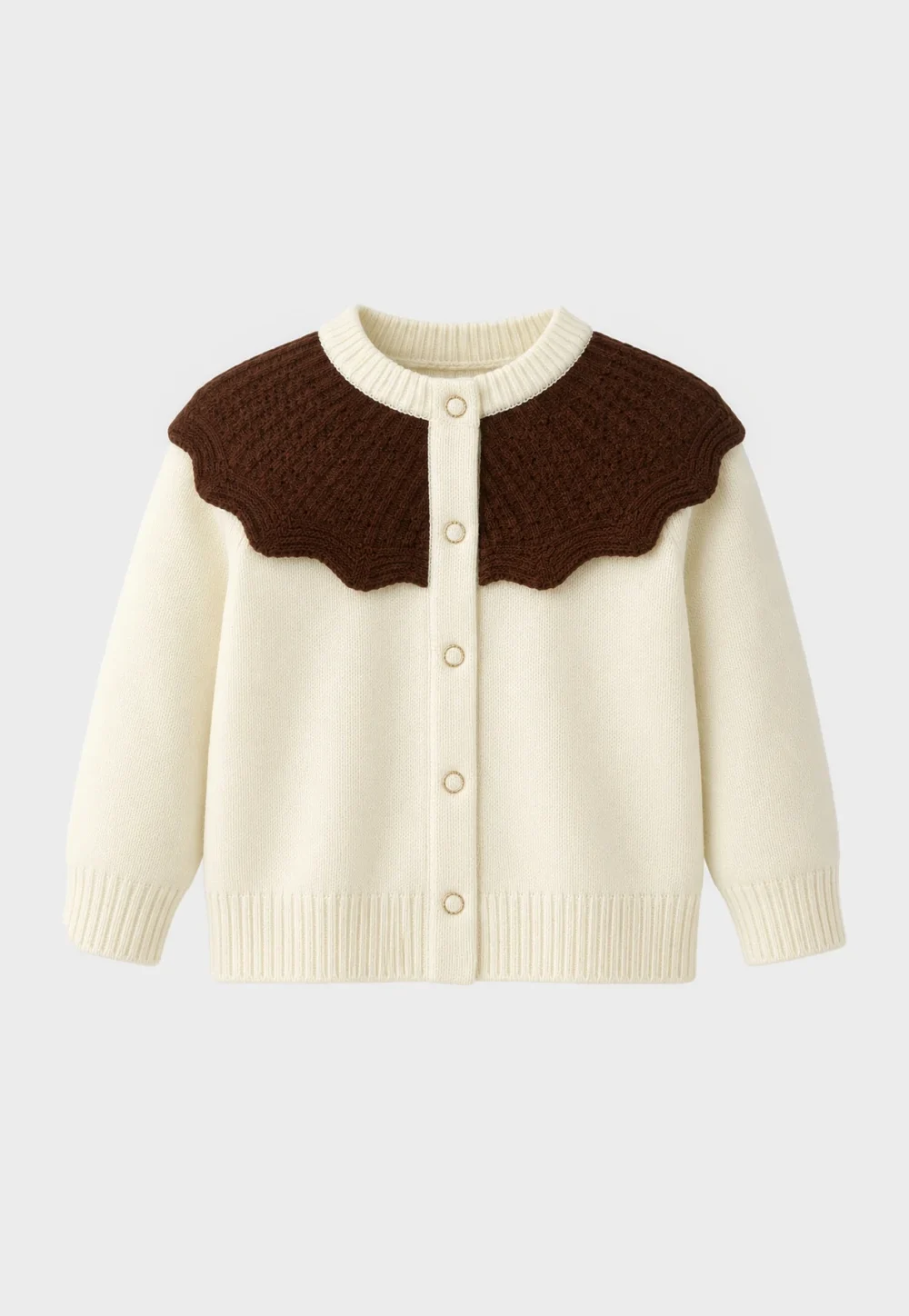 Kids Cream Knit Cardigan with Brown Scallop Yoke