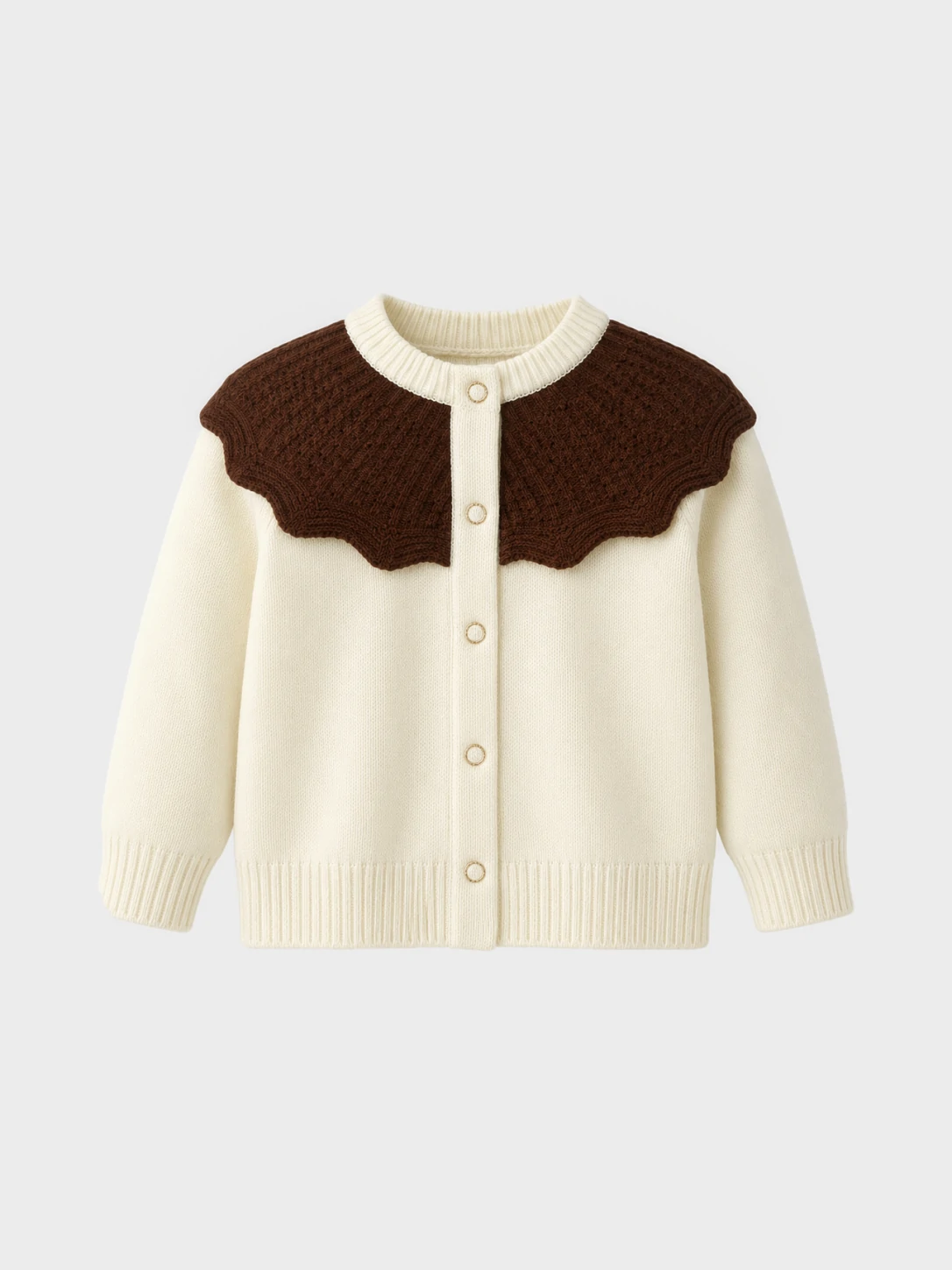 Kids Cream Knit Cardigan with Brown Scallop Yoke 1 Kids Cream Knit Cardigan with Brown Scallop Yoke