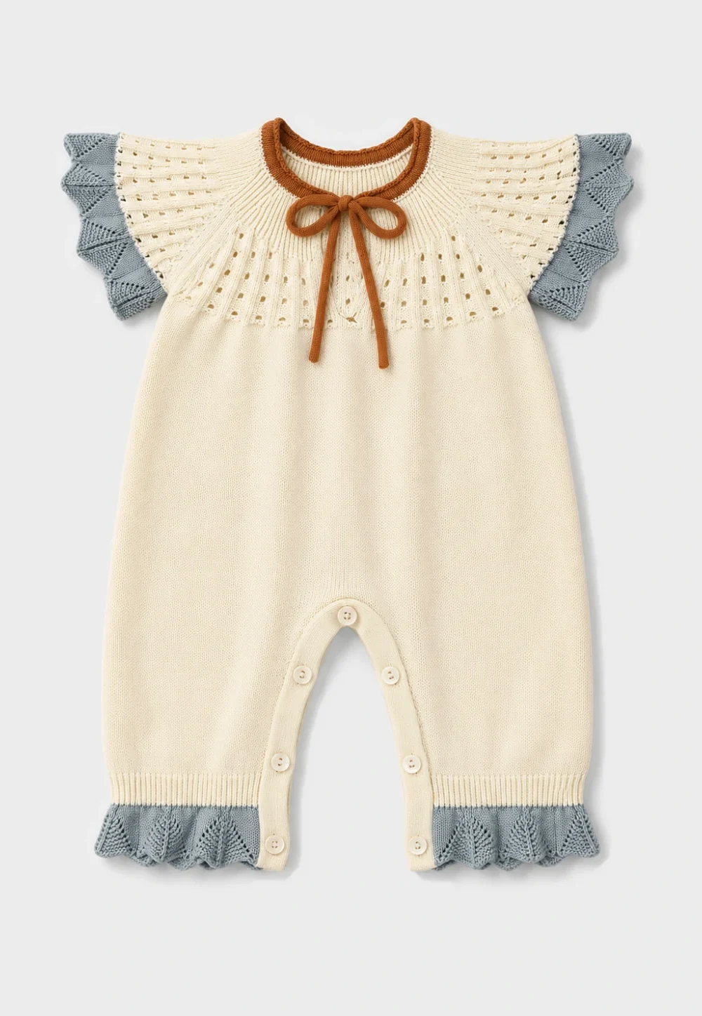 Baby Cream Knit Romper with Blue Ruffle Trim