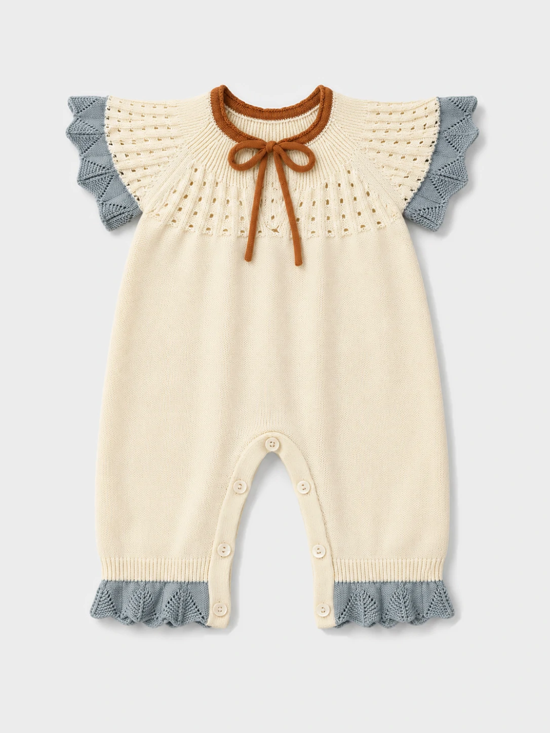 Baby Cream Knit Romper with Blue Ruffle Trim 1 Baby Cream Knit Romper with Blue Ruffle Trim