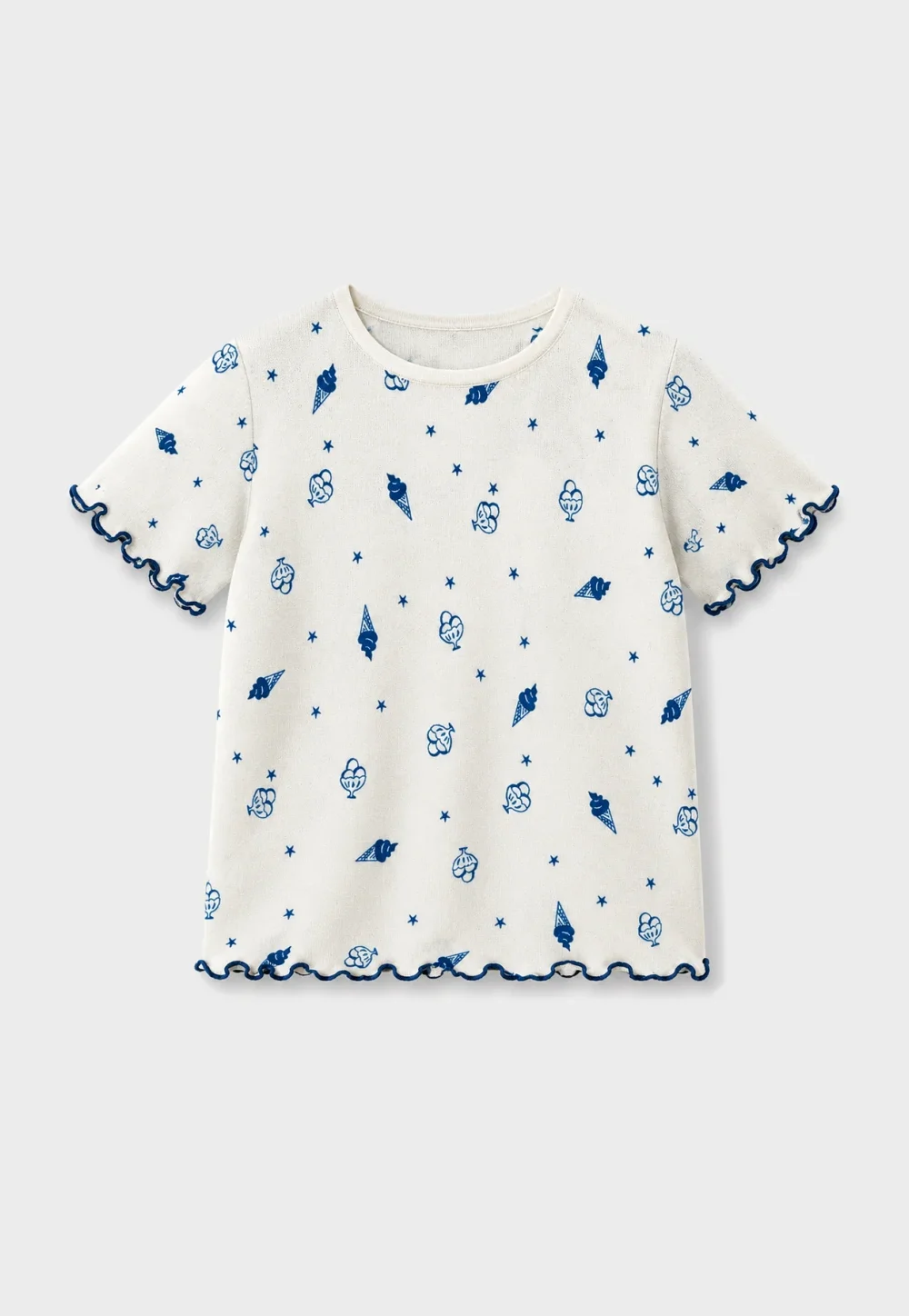 Kids Cream Knit Top with Blue Ice Cream Print