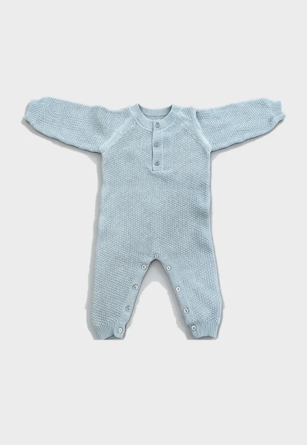Light Blue Textured Knit Baby Long Sleeve Romper